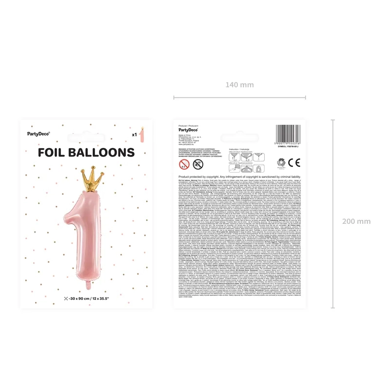 Balon folie roz roz cifră 1 cu coroană aurie, 92 cm
