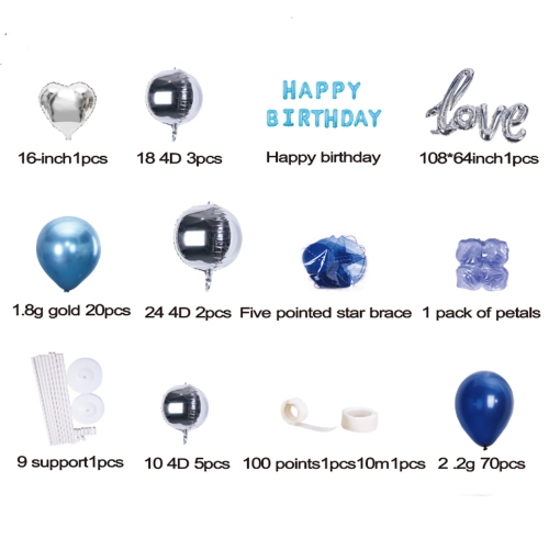 Set de baloane Happy Birthday albastru-argintiu, 102 buc.