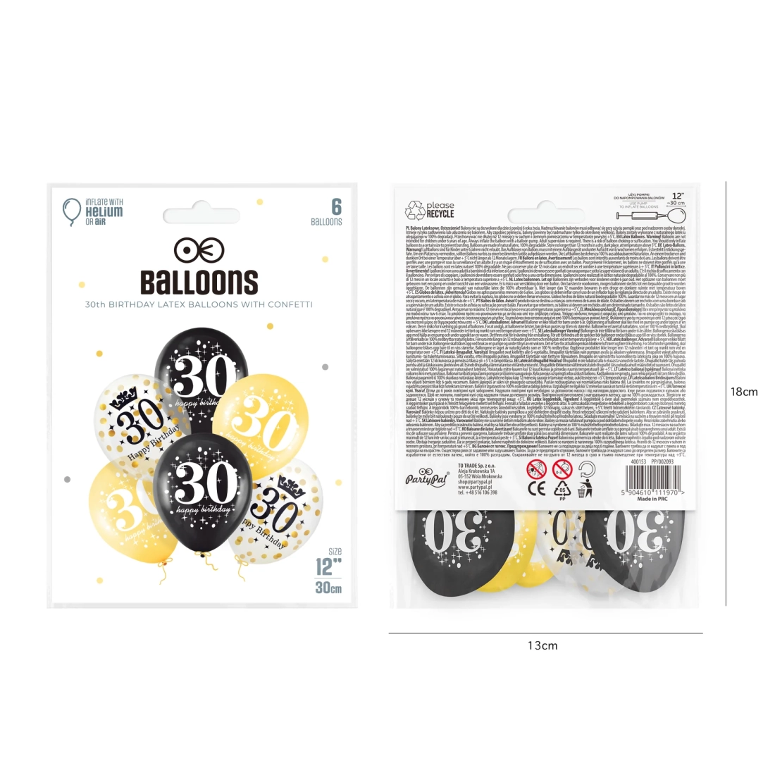 Set balona za 30. rođendan s konfetićima 30 cm, 6 kom