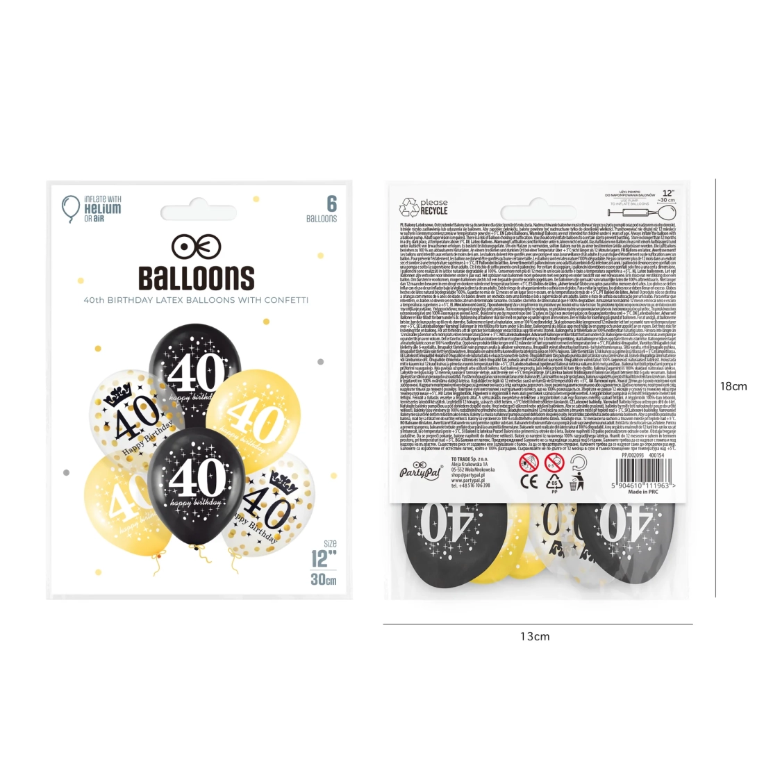 Set balona za 40. rođendan s konfetićima 30 cm, 6 kom