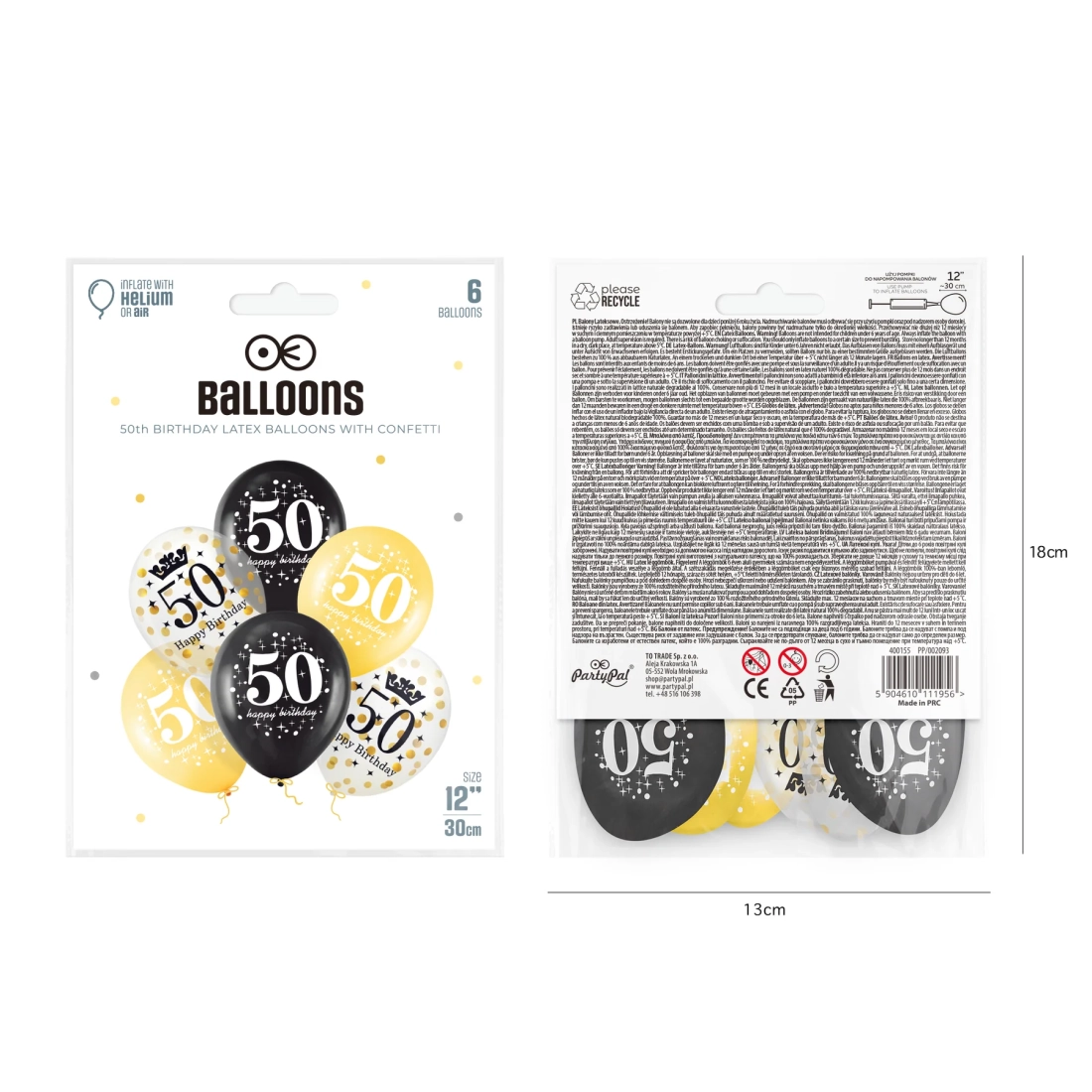 Set balona za 50. rođendan s konfetama 30 cm, 6 kom