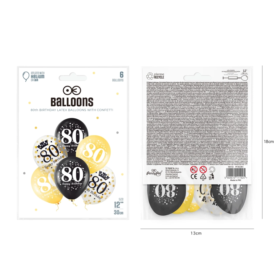 Set balona za 80. rođendan s konfetiima 30 cm, 6 kom