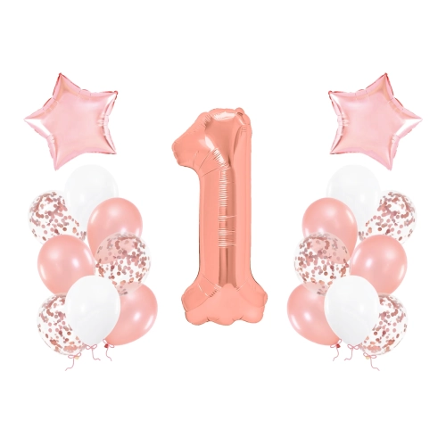 Set de baloane pentru prima aniversare, roz auriu – 19 buc.
