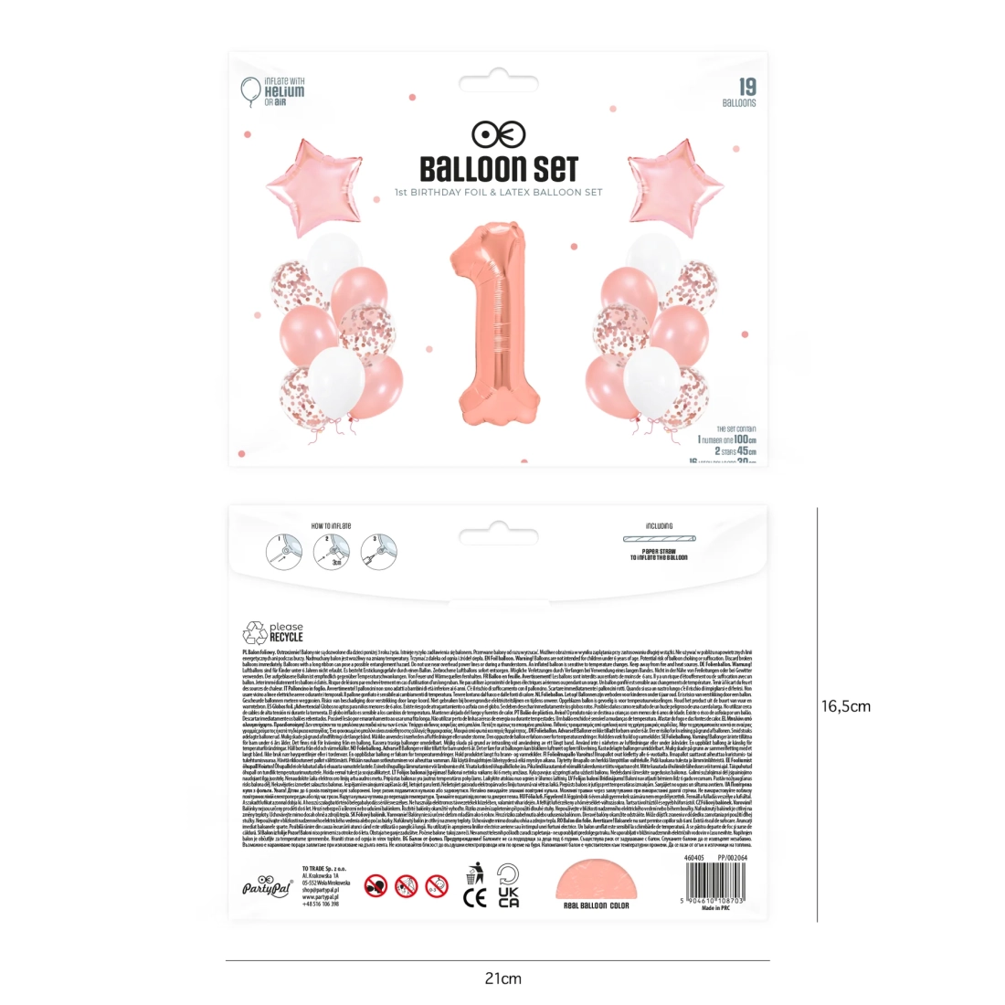 Első születésnapra szóló lufikészlet, rozéarany – 19 db