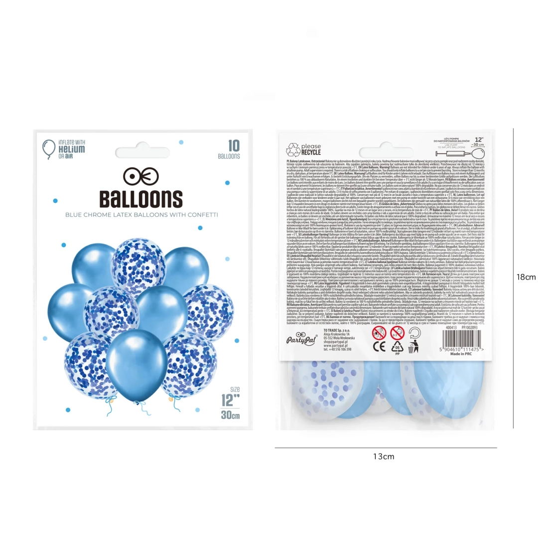 Set de baloane cu confetti - albastre, 10 bucăți, 30 cm