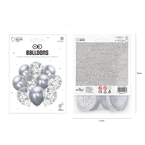 Set de baloane cu confetti – argintii, 10 buc., 30 cm