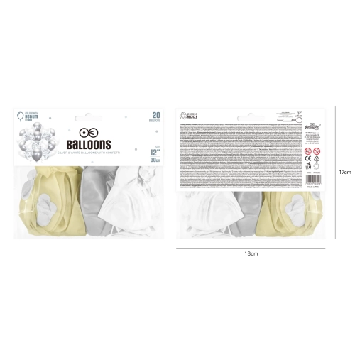 Set de baloane cu confetti – argintii, 30 cm, 20 buc.