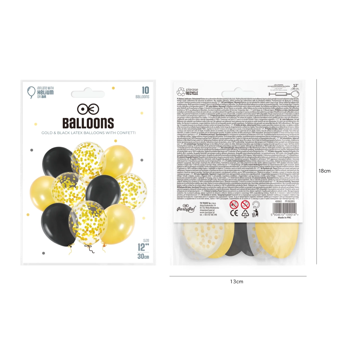 Set baloane cu confetti – auriu-negru, 10 buc, 30 cm