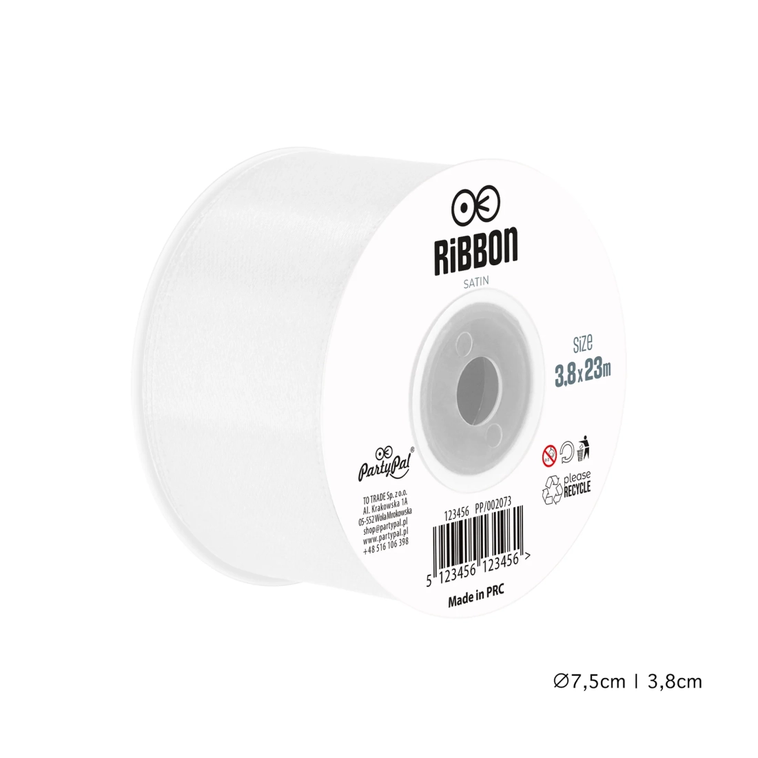 Szatén szalag – fehér, 3,8 cm x 23 m
