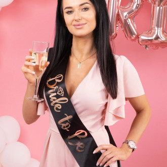 Šal za dekliščino za nevesto Bride to Be, črn z rožnato-zlatim napisom, 10 × 160 cm