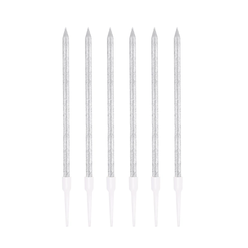 Lumânări aniversare argintii cu sclipici, 6 buc.