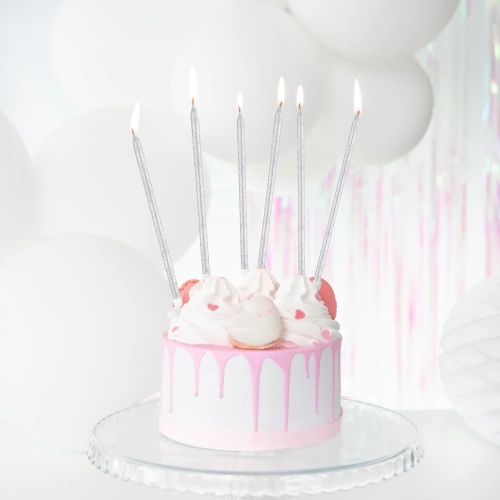 Lumânări aniversare argintii cu sclipici, 6 buc.