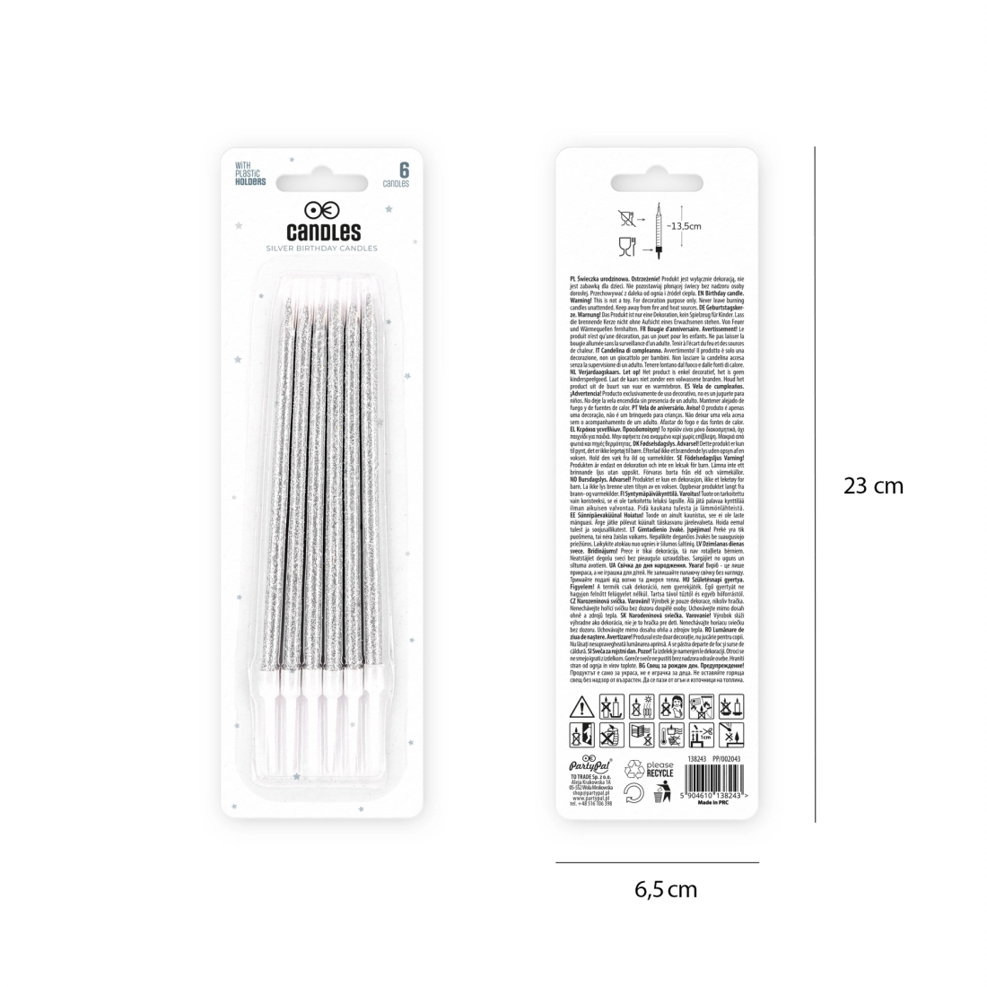 Lumânări aniversare argintii cu sclipici, 6 buc.