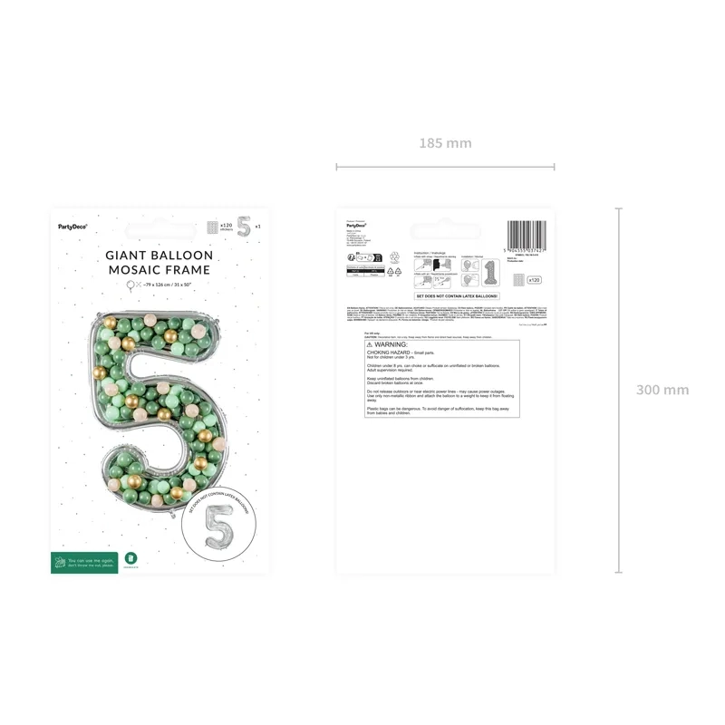 Ezüst színű 5-ös szám keret lufikhoz, 126 cm – ünnepi dekoráció