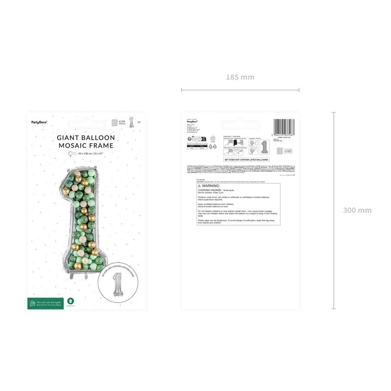 Ezüst színű, 1-es szám alakú lufi keret, 126 cm – születésnapra