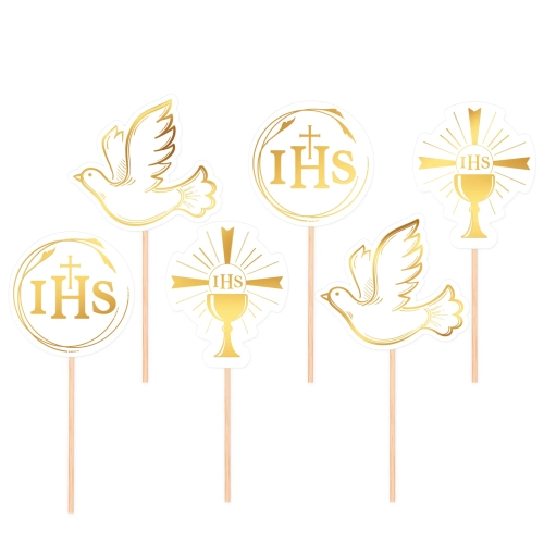 Topper pentru tort Prima Sfântă Împărtășanie – alb-auriu, 6 buc.