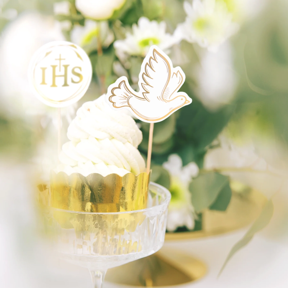Topper pentru tort Prima Sfântă Împărtășanie – alb-auriu, 6 buc.