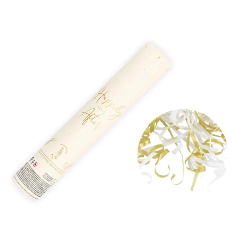 Vystreľovacie konfety - zlaté a biele stuhy, 25 cm
