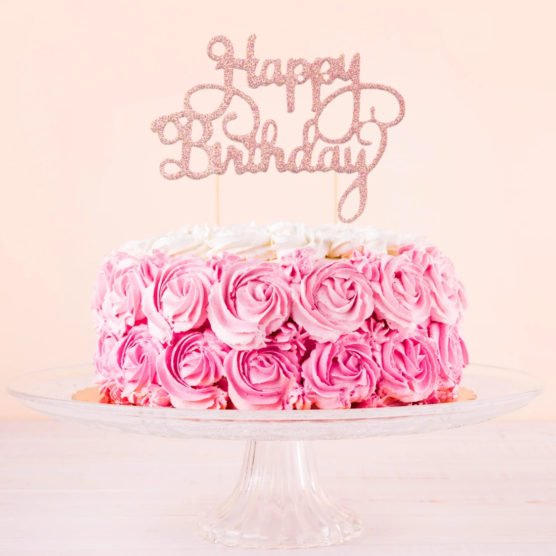 Topper pentru tort „Happy Birthday” – sclipitor, rose gold