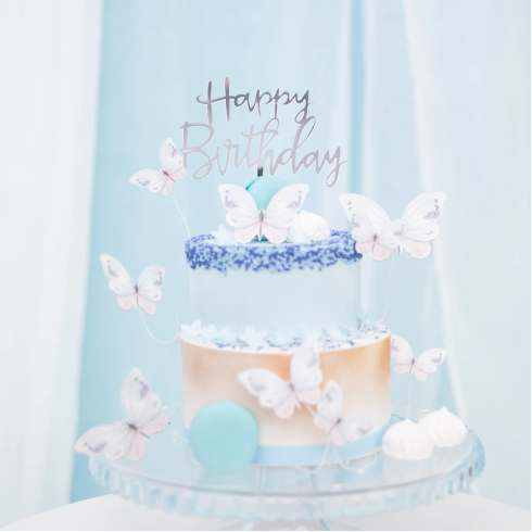 Tortadísz Happy Birthday – tükörfényes ezüst, 1 db Tortadísz Happy Birthday – tükörfényes ezüst, 1 db