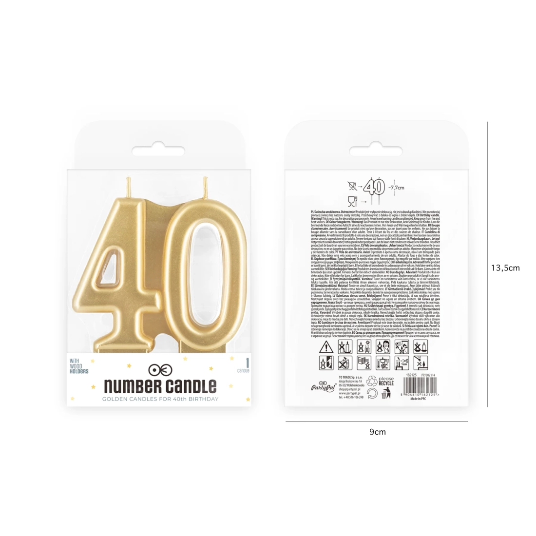 Arany születésnapi gyertya 40-es szám, 8 cm