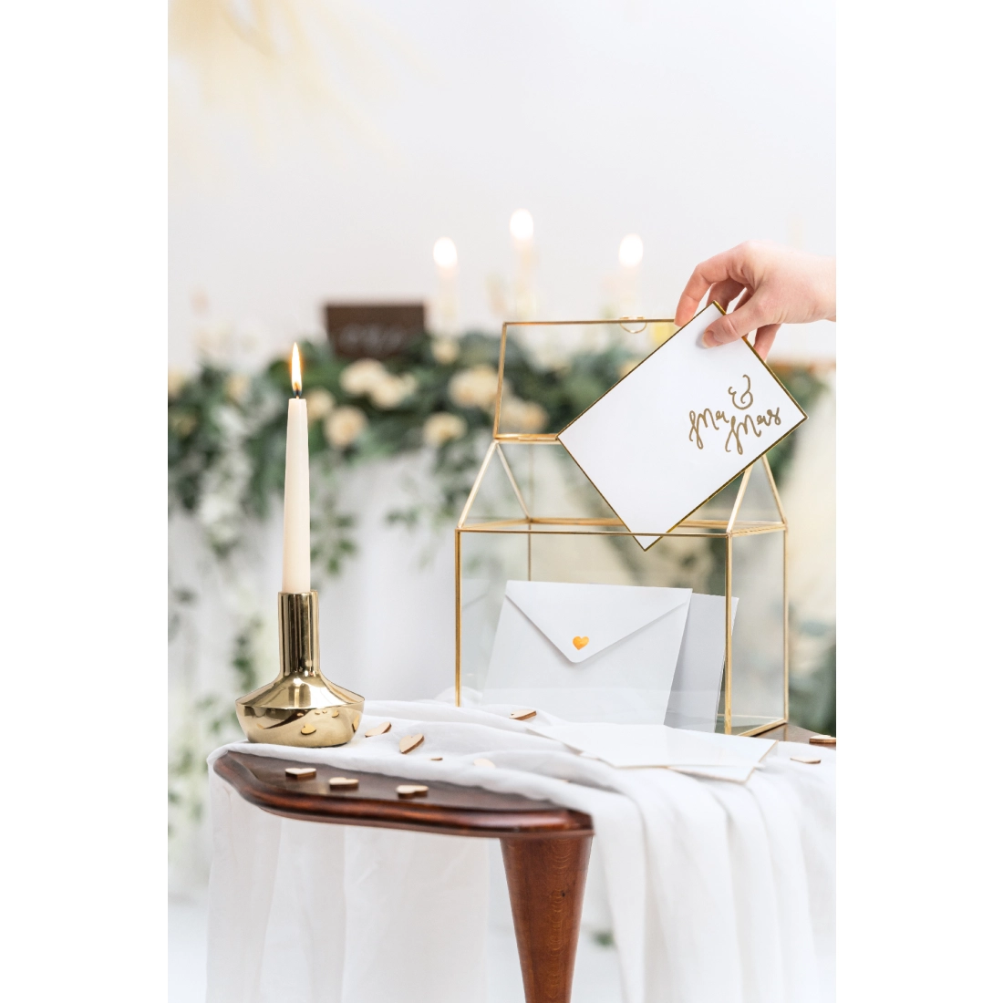 Căsuță din sticlă aurie pentru plicuri de nuntă, 13x21x21 cm