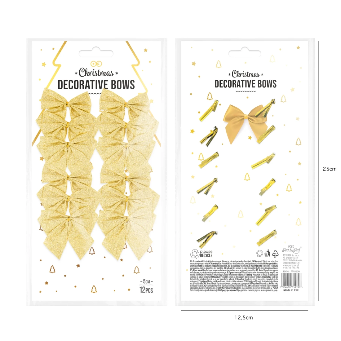 Fundă de Crăciun cu sclipici auriu - mică, 5 cm, 12 buc.