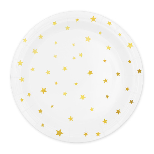 Bílý papírový talíř se zlatými hvězdičkami 6 ks