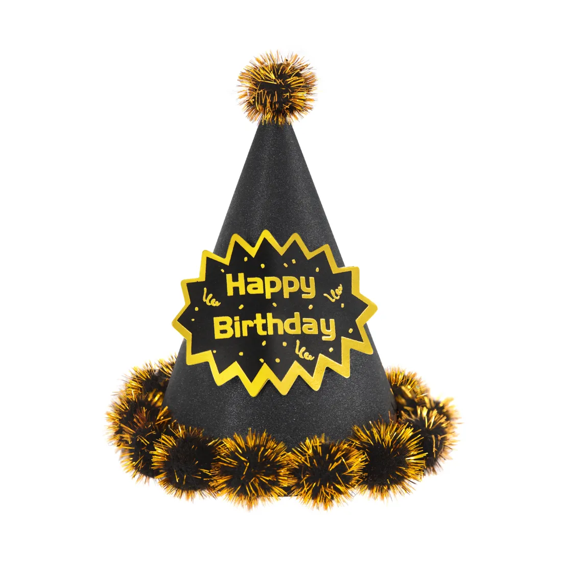 Pălărie de aniversare Happy Birthday cu pompoane, neagră, 1 bucată