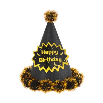 Narodeninový klobúčik Happy Birthday s brmbolcami, čierny 1 ks