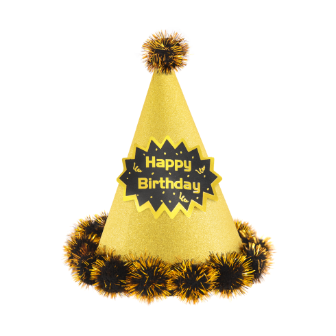 Narozeninový klobouček Happy Birthday s bambulkami, zlatý 1 ks