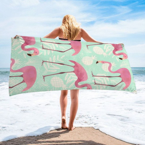 Plážová osuška zelená s plameňáky 150x70 cm