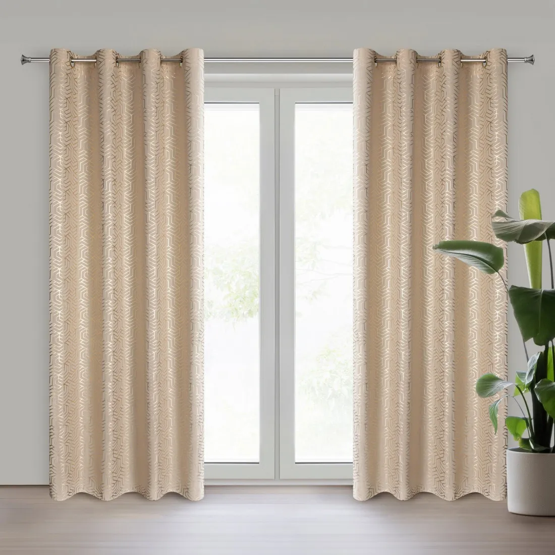 Geometriai mintás függöny 140 x 250 cm - bézs - rögzítés: dekoratív karikák