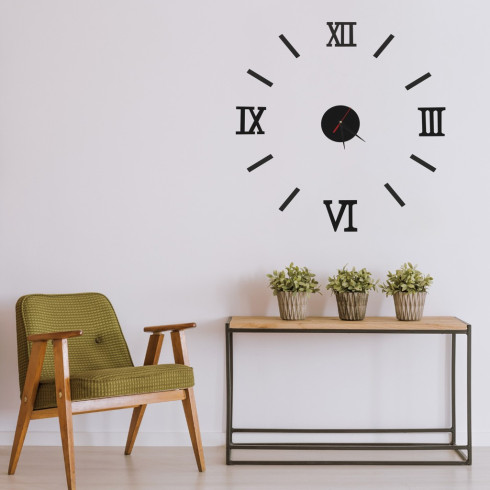 Dizajnové 3D nalepovacie hodiny 130 cm - rímske číslice, čierne
