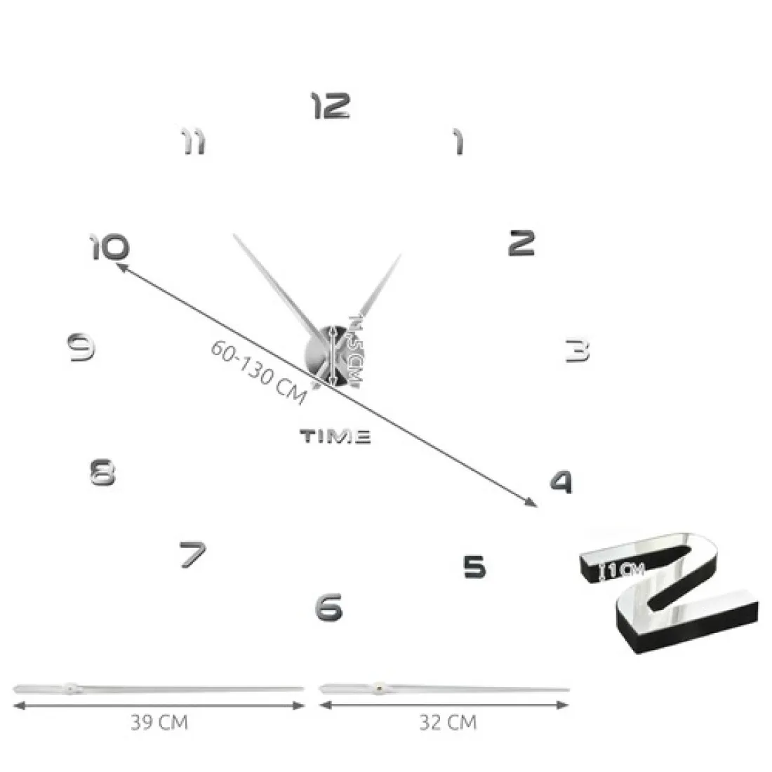 Dizajnové 3D nalepovacie hodiny 130 cm - strieborné