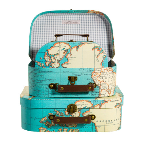 Kartónový kufrík s motívom mapy - stredný