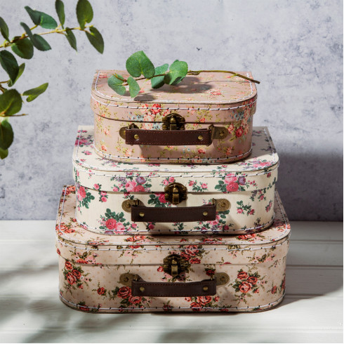 Kartonový kufřík s motivem starorůžových růží - střední