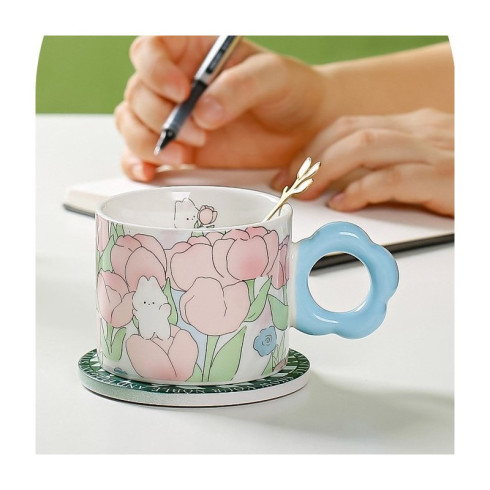 Keramický hrnek se lžičkou v dárkové krabici, 280 ml - modrý