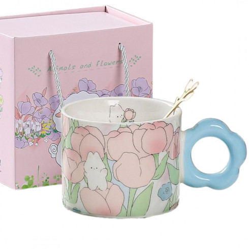 Keramický hrnek se lžičkou v dárkové krabici, 280 ml - modrý