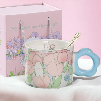 Keramický hrnček s lyžičkou v darčekovej krabici, 280 ml - modrý