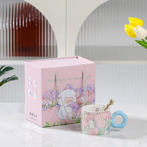 Keramický hrnek se lžičkou v dárkové krabici, 280 ml - modrý