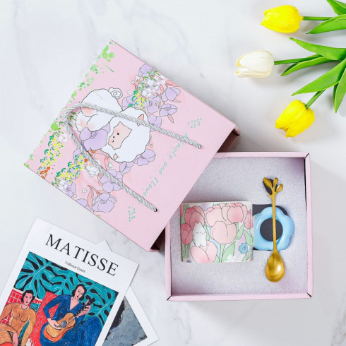 Keramický hrnek se lžičkou v dárkové krabici, 280 ml - modrý