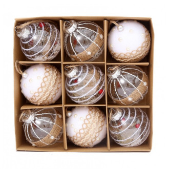 Sada vianočných gulí, 9 ks, Ø: 7 cm, číra/biela