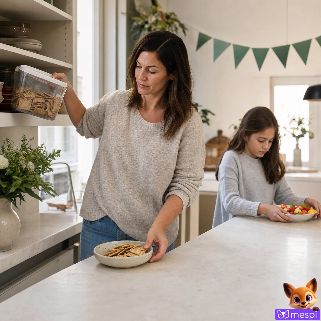 Un genitore lascia un solo vassoio principale di salatini e mette da parte un contenitore chiuso con cracker simili, mentre resta pronta un'opzione diversa per i bambini