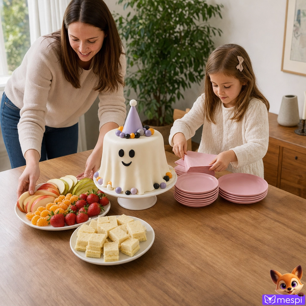 Szülő és az ünnepelt megszokott harapnivalókat rendez el a születésnapi torta mellett