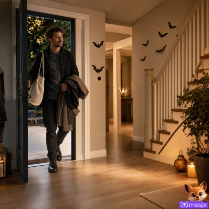 Decorazioni di Halloween in corridoio e sulle scale: passaggio libero dalla porta al pianerottolo