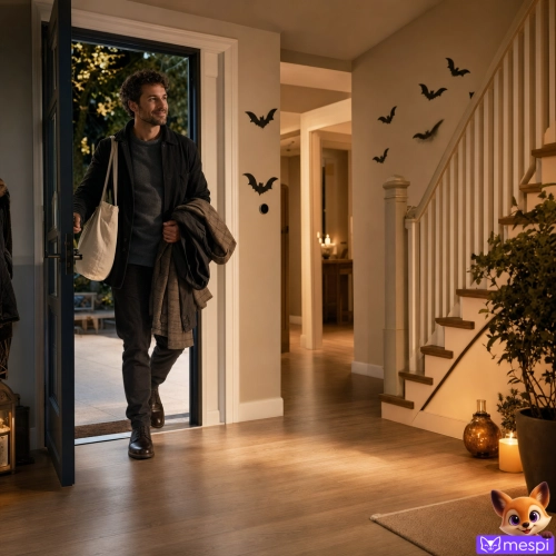 Halloweenská výzdoba chodby a schodiště: volná cesta od dveří až k podestě