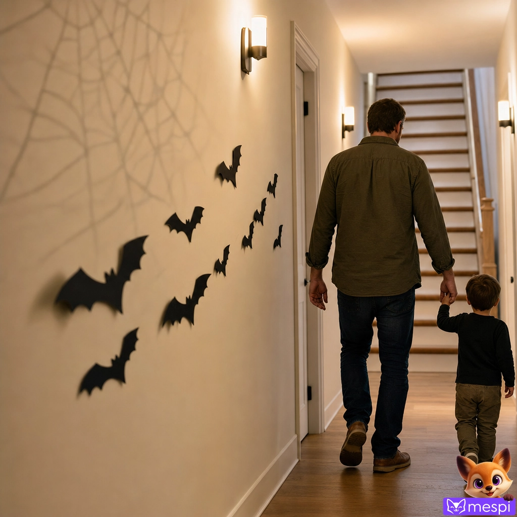 Un genitore con un bambino piccolo attraversa un corridoio libero decorato con pipistrelli piatti