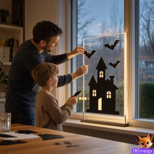Halloweenská výzdoba oken: siluety, samolepky a světla od testu po šetrné odstranění