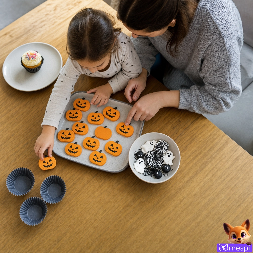Egy szülő keze tökdíszeket választ ki többféle halloweeni motívum közül